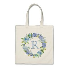 #bridesmaid - #Romantic Blue Floral Monogram Tote Bag Blue Summer Bags For Gifts, Blue Summer Gift Bags, Blue Summer Bags Perfect As Gifts, Blue Monogram Bag For Everyday Use, Blue Monogram Bags For Everyday Use, Romantic Blue, Monogram Tote Bags, Beauty Illustration, Monogram Tote