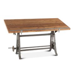 a wooden table sitting on top of a metal frame with two wheels attached to it