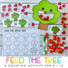 feed the tree counting activity for kids to practice counting and matching numbers with apple trees