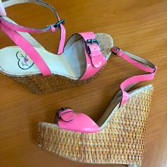 Brand New, Never Worn Other Than To Try On! Gorgeous, Fashion Forward Wedge Sandal. Pink And Wicker Coloring, Very Rare To Find In This Condition. Described As “Mega-Wedge Crafted Of Woven Wicker Provides The Best, Summer-Chic Base For This D'orsay Sandal By Penny Loves Kenny.” Pink Wedge Sandals For Vacation, Pink Wedge Heels For Vacation, Pink High Heel Wedge Sandals For Summer, Pink Summer Wedge Sandals, Chic Pink Wedge Heel Sandals, Pink Leather Beach Wedge Sandals, Chic Pink Wedge Sandals For Beach, Barbie Summer, Summer Chic