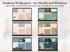 four laptops with desktop wallpapers for macos and windows displayed on them