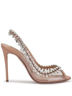 Nude leather Temptation crystal-embellished peep-toe sandals from Aquazzura featuring a peep toe, a high stiletto heel, crystal embellishments, an elasticated slingback strap, a branded insole, a leather sole and a slip-on style. Luxury Romantic Open Toe Heels, Aquazzura Temptation, Civil Wedding Shoes, Thong Heels, Aquazzura Heels, Evening Heels, Aquazzura Shoes, Womens Stilettos, Killing Me