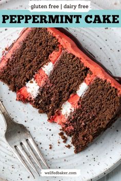 A slice of gluten free chocolate peppermint cake on a small serving plate. Gluten Free Christmas Cake, Peppermint Frosting, Peppermint Buttercream, Chocolate Peppermint Cake, Winter Holiday Recipes, Dairy Free Recipe, Peppermint Cake, Gluten Free Brands