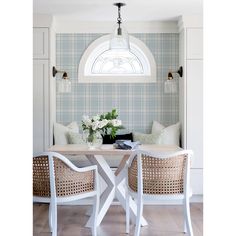 two wicker chairs sit at a table in front of a wall with a window