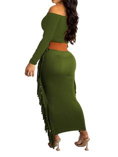 Material:90-95% Polyester. Features:Long sleeve. off-shoulder. solid color. tassel. slim maxi dresses.Style:Casual. Spring Maxi Dress With Fringe, Chic Spring Maxi Dress With Tassels, Long Sleeve Dresses With Tassels For Fall, Fall Dresses With Long Sleeves And Tassels, Fitted Maxi Dress With Tassels, Long Sleeve Fringe Dress For Fall, Elegant Long Sleeve Maxi Dress With Tassels, Long Sleeve Maxi Dress With Tassels For Party, Party Long Sleeve Maxi Dress With Tassels