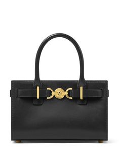 black calf leather magnetic fastening two rolled top handles detachable shoulder strap strap detailing Medusa Head motif metal feet logo print to the rear main compartment internal slip pocket internal logo stamp Versace Bag, Versace Gold, Black Leather Tote Bag, Versace Bags, Mini Tote Bag, Medium Tote, Small Tote, Mini Tote, Black Tote Bag