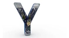 the letter y is made up of marbles and has an image of mountains on it