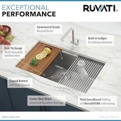 a kitchen sink with the words exceptional performance above it and instructions for how to use it