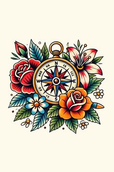 a compass with flowers and leaves on it