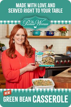 a woman holding a box of green bean casserole