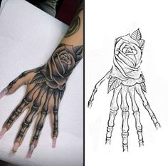 the left hand has been drawn with black ink and is next to a drawing of a rose