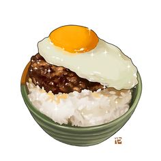 a bowl with rice, meat and an egg on top is shown in this drawing