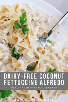 dairy - free coconut fettuccine alfredo with parsley in a white bowl