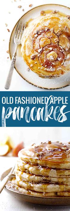 old fashioned apple pancakes on a plate with fork and knife next to it, text overlay reads old fashioned apple pancakes