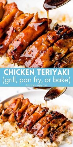 chicken teriyaki with rice and sauce being drizzled over the top