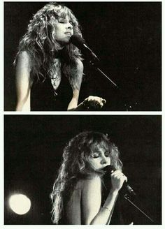 two pictures of a woman singing into a microphone