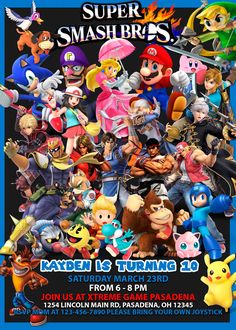 the super smash bros birthday party poster