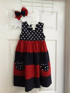 Rosalina Collections Girls Red & Blue W/White Stars Sleeveless Dress W/Pockets & A Layered Bow Size 4T.  Pre-owned in very good condition, the bow is new.  Great for Independence Day!  SUPER CUTE!  Thanks for looking!  This item will be shipped First Class. Blue Cotton Patriotic Dress, Blue Patriotic Cotton Dress, Patriotic Blue Cotton Dress, Patriotic Blue Sleeveless Dress, Patriotic Sleeveless Red Dress, Layered Bow, Blue Color Combinations, Dress Bow, Girls Red