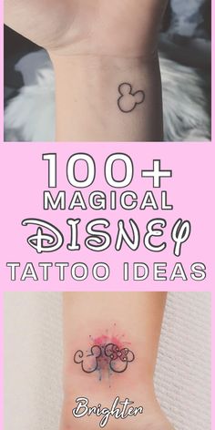 the disney tattoos on both wrist and wrist are shown in three different pictures, one with mickey