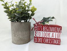 a potted plant sitting next to a sign that says it's beginning to look a lot like christmas