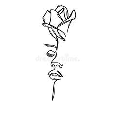 a continuous line drawing of a woman's face with a rose in her hair