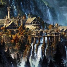 a painting of a castle in the middle of a mountain with waterfall and forest surrounding it