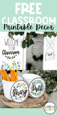 the free classroom printable is displayed on a table with two bowls and one bowl filled with pencils