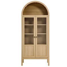 a wooden cabinet with glass doors on the front and bottom shelves in an arch shape