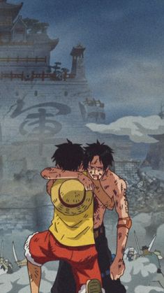 two cartoon characters hugging each other in front of a cityscape with mountains and clouds behind them