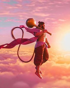 a man flying through the air while holding on to a woman's head in the sky