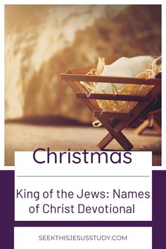 a baby jesus in a manger with the words christmas king of the jews names of christ