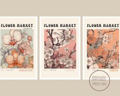 three flower market posters with flowers on them