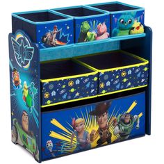 the toy chest has three drawers with cartoon characters on it