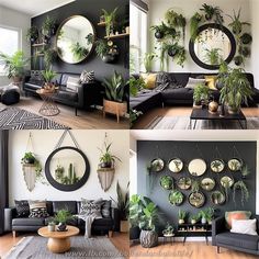 the living room is decorated in black and white with potted plants on the wall