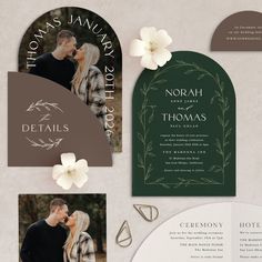 the wedding stationery is shown with two photos and an oval card that reads,