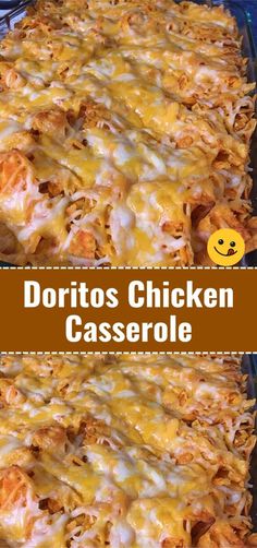 a casserole dish with chicken and cheese on top