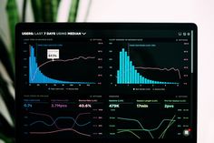 a computer monitor displaying graphs and data on it's display screen, with a plant in the background