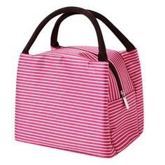 a pink and white striped lunch bag