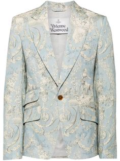 powder blue/white cotton Toile de Jouy print peak lapels front button fastening jetted chest pocket front flap pockets long sleeves buttoned cuffs English rear vents straight hem Turquoise Fashion, Planet People, Cotton Blazer, Printed Blazer, Cotton Viscose, Mens Outerwear, Prince William, Powder Blue, Vivienne Westwood