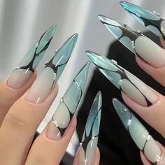 Goth Jelly Nails, Sparkly Goth Nails, Funky Stilleto Nails, Long Blue Nails Acrylic, Long Baddie Nails Acrylic, Autumn Stiletto Nails, Stiletto Aura Nails, Siren Nails Dark, Stiletto Blue Nails