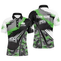 a green and black polo shirt with an image of bowling balls on the front, in camouflage