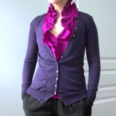 Details Martin And Osa Longline Plum / Eggplant / Dark Purple Button Down Dressy Cardigan Sweater. Deep Plunge V Neck. Front Decorative Pockets. Ribbed Hem And Cuffs. Pewter Silver Metal Accent Buttons Go All The Way Up The Neckline For A Studded Look. Beautiful Color And Flattering Slim Fitted Cardigan To Wear Over A Ruffled Silk Blouse Or Pleated Neck Camisole For Work Or Layering Casual Outfits. Approx. Measurements Labelled Size Small But Fits Like An Extra Small. Arms Are Fitted. Laid Flat: Purple Button-up Cardigan With Buttons, Purple Button-up Cardigan, Fitted Purple Cardigan With Buttons, Chic Fitted Purple Cardigan, Fitted Purple Cardigan For Layering, Dressy Cardigan, Long Cable Knit Cardigan, Pleated Neck, Coral Cardigan