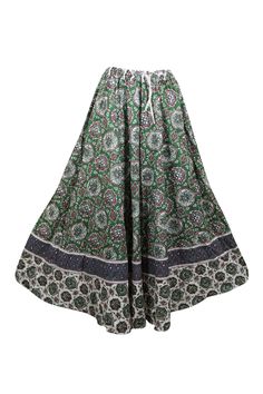 Womens Green Floral Maxi Skirt, Cotton Beach Gypsy Boho Flare Skirts, S/M: This Beach Maxi Skirt in green Summer is hand-crafted with cotton floral Print, perfect for a beachy, gypsy-inspired look. The cotton fabric is lightweight and comfortable, providing a great fit for sizes S/M. Back and front same, elastic waist and adjustable drawstring.A beautiful Long skirt with floral Print in a bohemian hippie style is a must-have in your wardrobe. The cotton fabric is ideal to wear in every season an