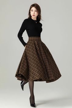 Midi Wool Plaid Skirt, Swing Wool Skirt, Wool Circle Skirt, Winter Autumn Skirt Women, High Waisted Wool Skirt, Retro Tartan Wool Skirt 4498 - Etsy Button Up Shirt Outfit With Skirt, Turtleneck Skirt Outfit, Modern Vintage Outfits, Fabian Penje, Nail Business, Skirt Tulle, Autumn Style