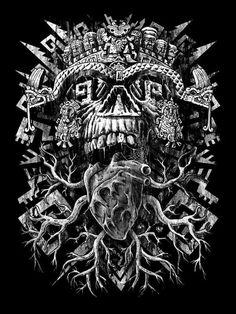 Qetza: Cuando la oscuridad mexica y el cómic se encuentran Traditional Chicano Tattoos, Aztec Skull, Aztec Drawing, Art Chicano, Mayan Tattoos, Aztec Tattoo Designs, Skull Art Print, Aztec Tattoo, Mayan Art