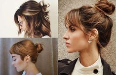 Casual Bun For Short Hair, Bun With Short Hair, Short Hair Top Knot, Bun For Short Hair, Bun With Bangs, Bun Short Hair, Side Fringe Hairstyles, Easy Hair Dos, Easy Short Hairstyles