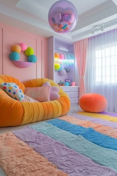 a bedroom with pink walls and colorful rugs on the floor