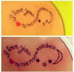 two different tattoos that say i love you and back to the moon with stars on them