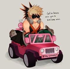 an image of a cartoon character driving a pink jeep with punk hair on it's head