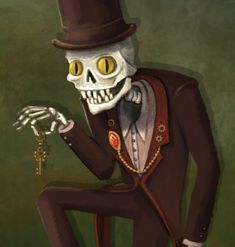 a skeleton wearing a top hat and holding a key in his hand while sitting down